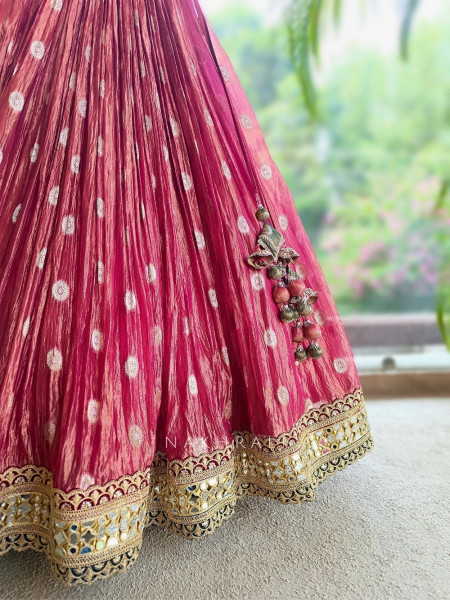 Vrishti Red Crinkle Silk Lehenga Set With Kundan Zardosi Work