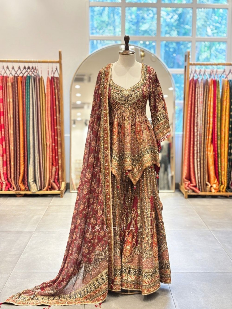 Image of Rangili Maroon Palazzo Short Kurti Suit Set with Sequin Work