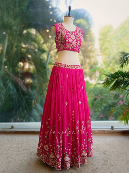 Ira Magenta Embroidered Crop Top Skirt Set with Cape Dupatta