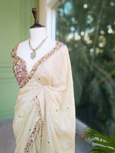 Eclipse Cream Crushed Tissue Saree with Sequin and Pearl Work