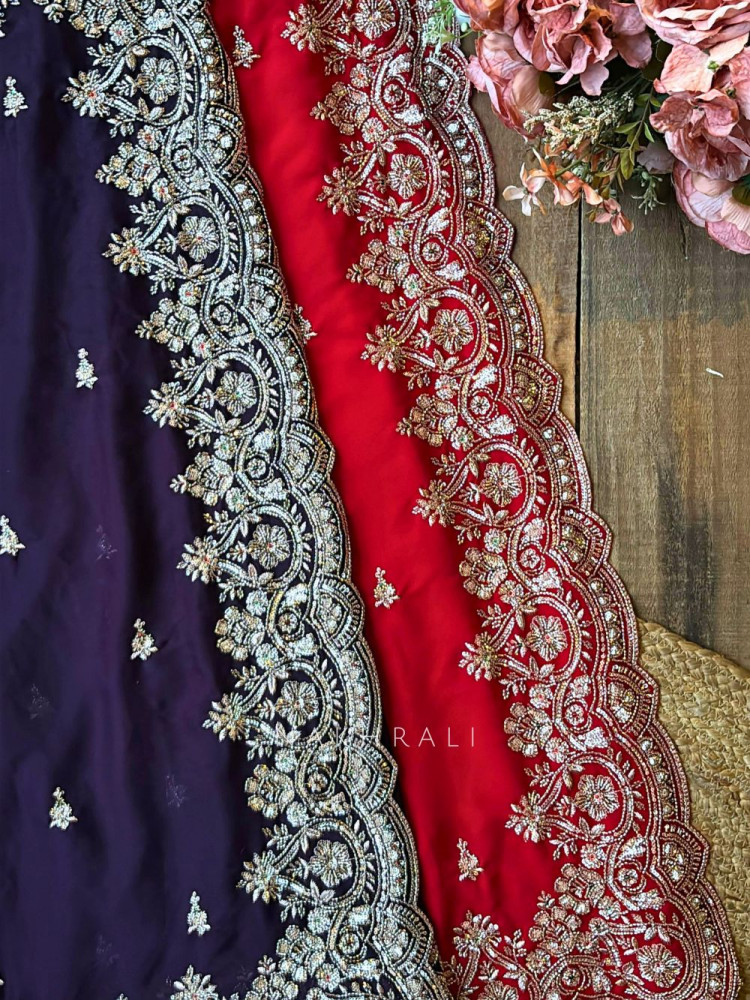Image of Rivaya Red Saree with Cut Dana and Sequin Work