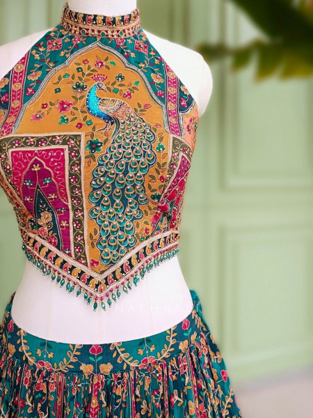 Gulnaar-e-Ishq Green Peacock Print Halter Neck Lehenga Set