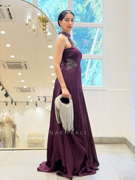 Elowen Wine Halter Neck Long Dress with Cut Dana Work