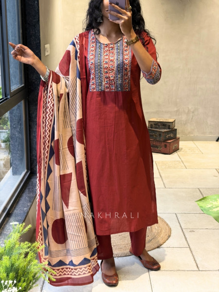 Virexa Red Printed Yoke Kurta Pant Set with Dupatta