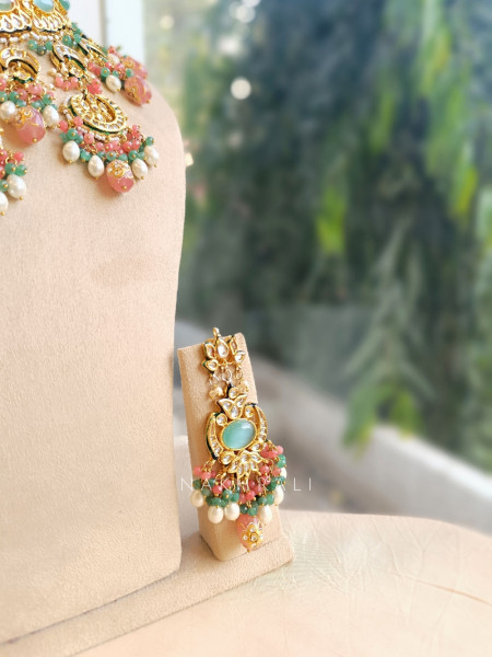 Pastel Mint & Peach Kundan Bridal Necklace Set