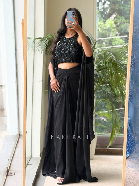 Glitz Sarong Black Viscose Georgette Indo-Western Crop Top Skirt Set