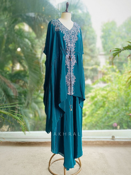 Elegant Embroidered Teal  Kaftan & Palazzo Set