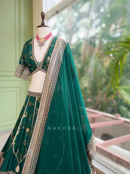Orvian Green Lehenga Set with Floral Weave Sequin Border Work