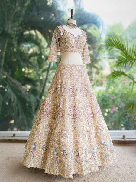 Amira Cream Embroidered Net Lehenga with Sequin Work