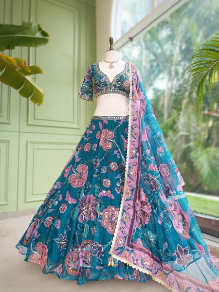 Nishaara Teal Blue Organza Silk Lehenga Set
