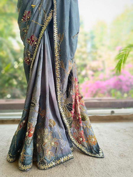 Chandani Baag Grey Floral Saree with Mirror Sequin Embroidery