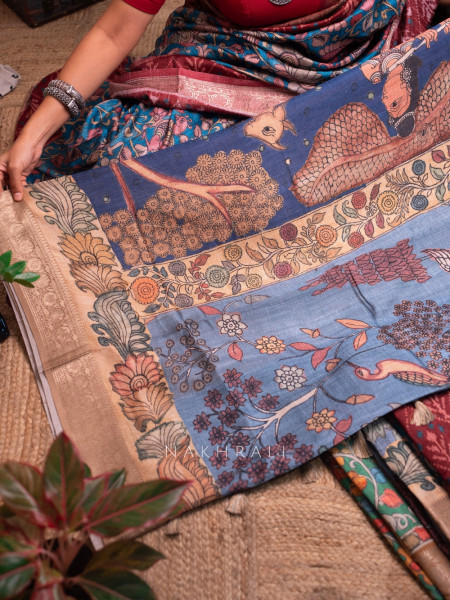 Pushp Blue  Kalamkari Saree with Traditional  Art Prints