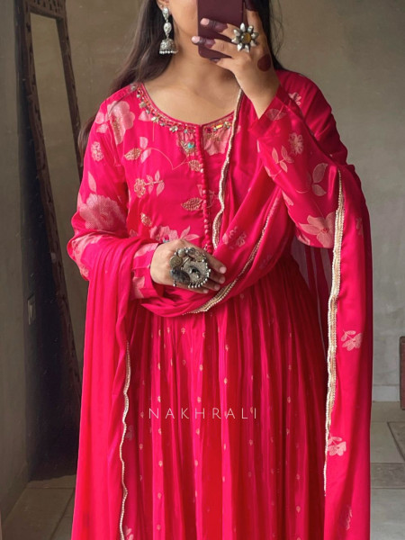 Vashti Magenta Chinon Floral Anarkali with Zari & Bead Work