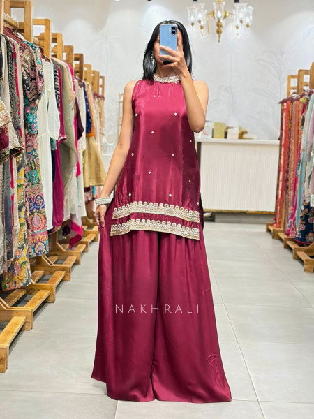 Kivra Wine Silk Kurta Palazzo Set with Sequin Bead Work