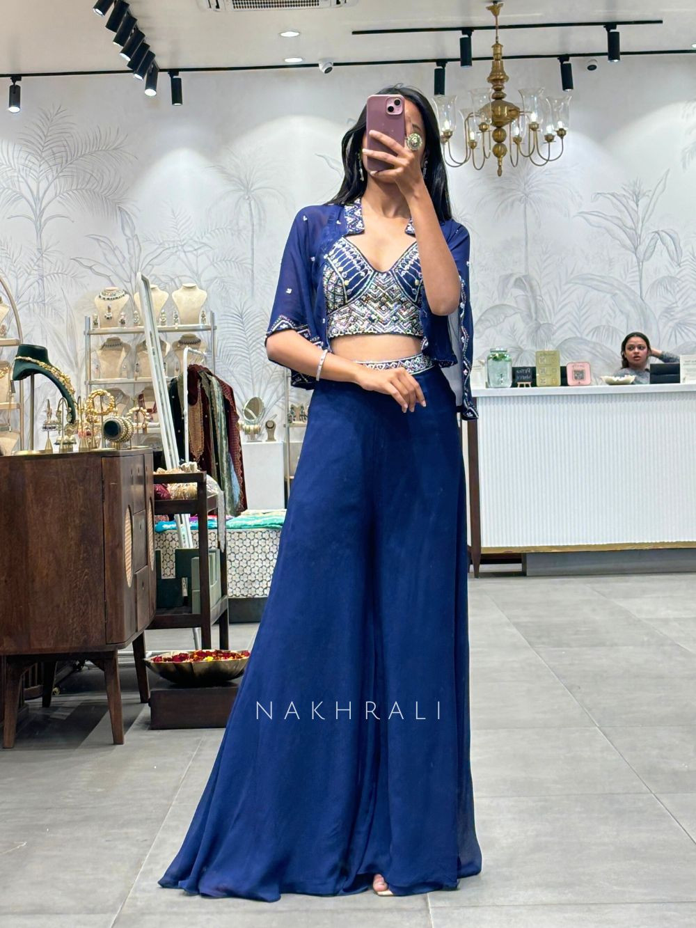 Royal Blue Georgette Crop Top and Palazzo Set with Cape Jacket