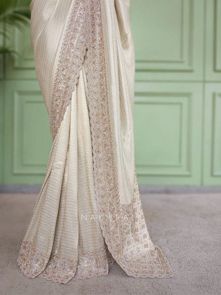 Kasturi Cream Zari Saree with Cut Dana Beads Work