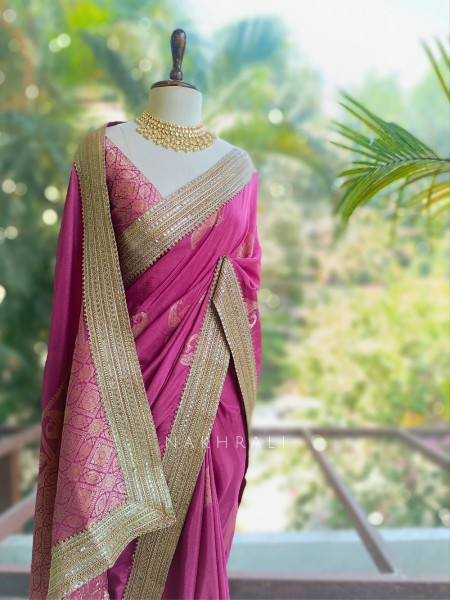 Tavira Raspberry Saree with Broad Border and Unstitched Blouse Piece