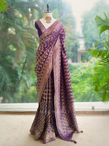 Riva Purple Georgette Bandhani Saree with Gota Lace