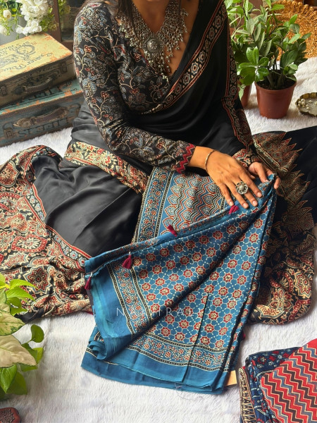 Amal Blue  Modal Saree with Ajrak Print