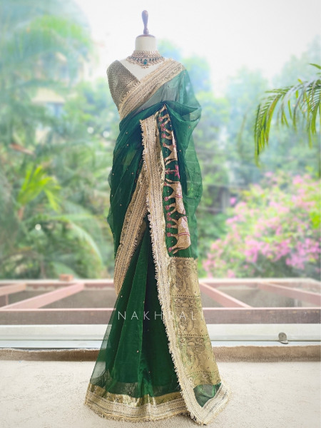 Vraj Ras Green Banarasi Tissue Silk Saree – Hand Embroidery & Zari Border