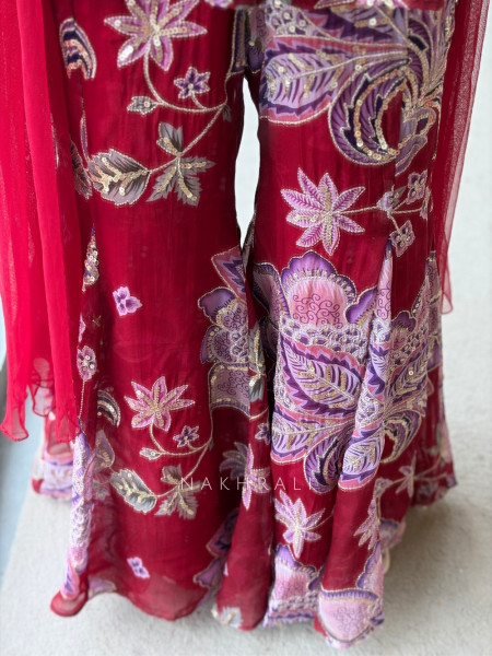 Gulbahar Maroon Indo-Western Peplum Sharara Set