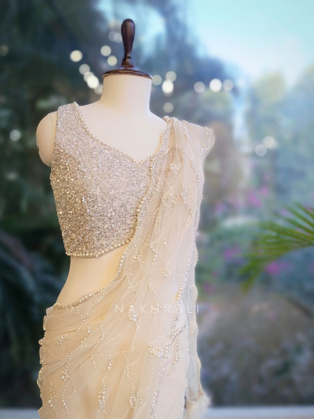 Lumina White Net Saree with Cut Dana & Bead Work