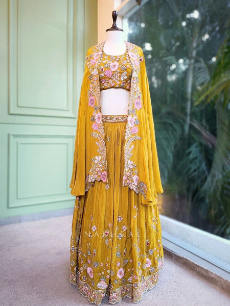 Ira Mustard Embroidered Crop Top Skirt Set with Cape Dupatta