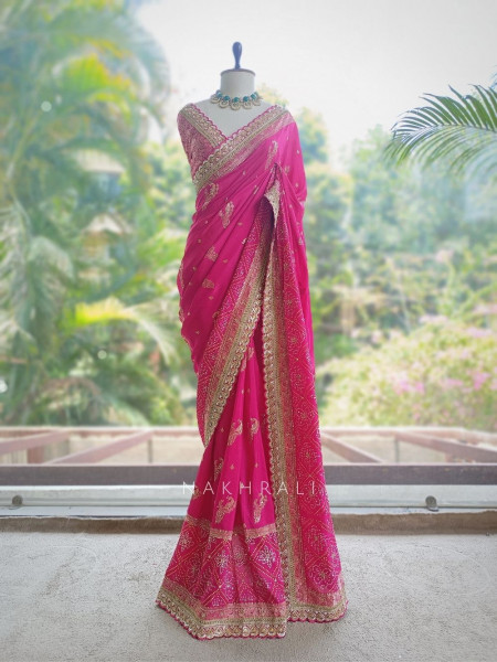 Surahi Magenta Pure Georgette Crepe Silk Bandhani Saree with Gota Patti Zardozi Border