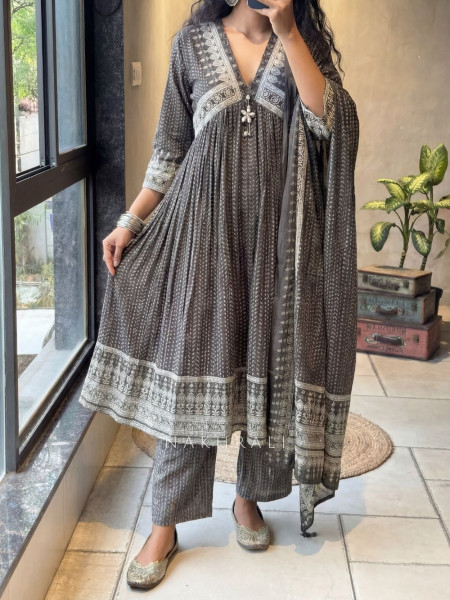 Trinaya Brown Cotton Anarkali Suit Set with Printed Work