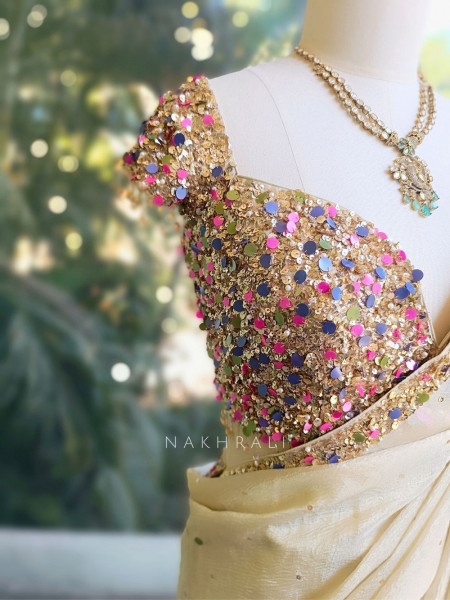 Eclipse Cream Crushed Tissue Saree with Sequin and Pearl Work