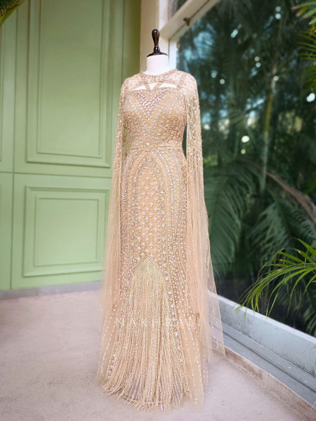 Aria Beige Sequin Cut Dana Gown with Pearl Detailing