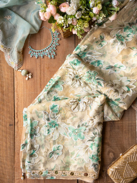 Lily Meadow Cream  Saree with Sequin Floral Work