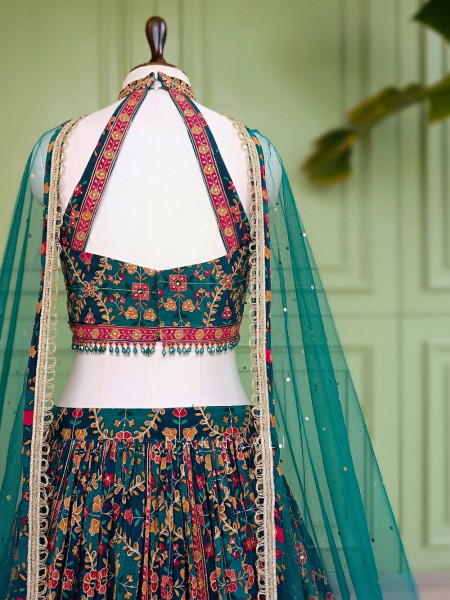 Gulnaar-e-Ishq Green Peacock Print Halter Neck Lehenga Set