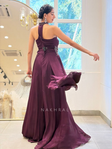 Elowen Wine Halter Neck Long Dress with Cut Dana Work