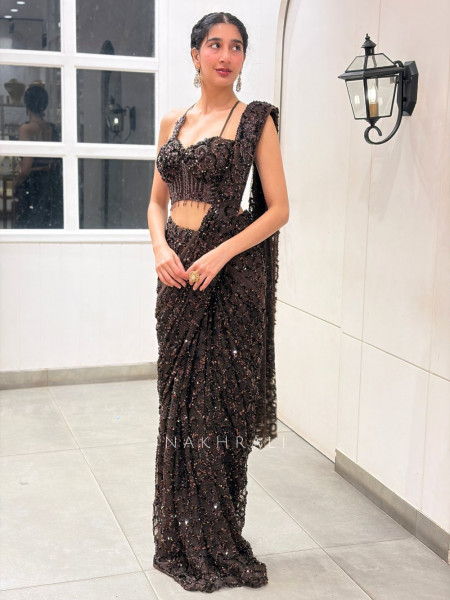 Vortex Brown Shimmer Net & Satin Pre-Draped Saree Set