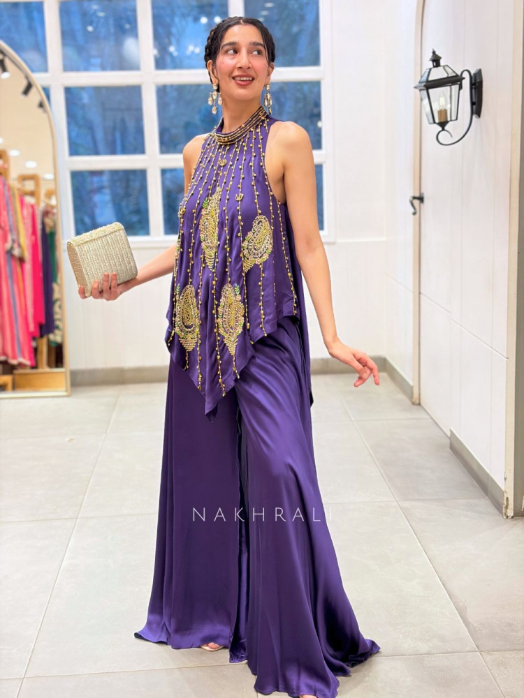 Image of The Asymmetric Imperial Silhouette Purple Plazo Set