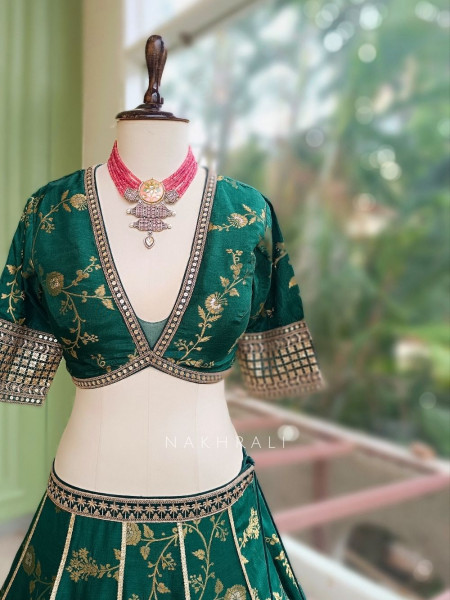 Orvian Green Lehenga Set with Floral Weave Sequin Border Work