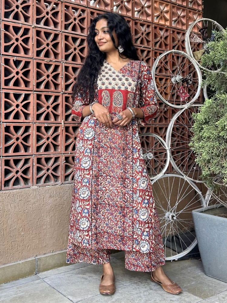 Image of Raag Red Cotton Flared Kurta Pant Set