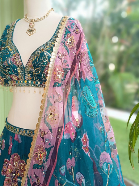 Nishaara Teal Blue Organza Silk Lehenga Set