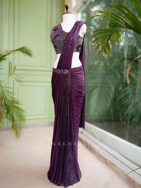 Celestia Wine Drape Saree with Sequin Embellished Blouse
