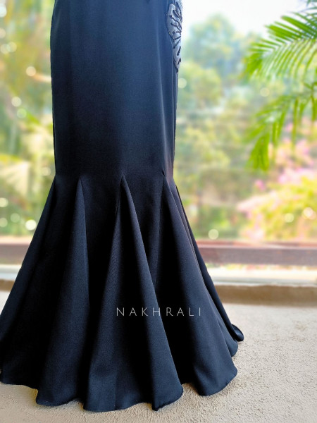 Sylrix Black Statement Gown with 3D Floral Sequin Embroidery
