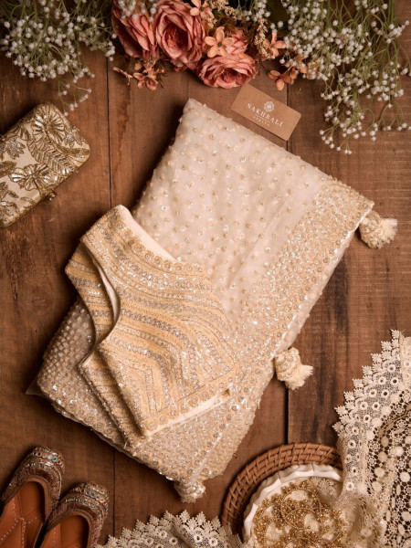 Chandelier Cream Net Saree with Sequin and Cut Dana Blouse