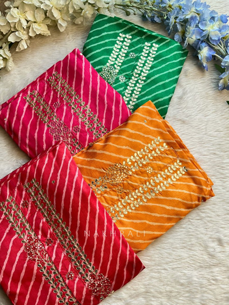 Saanjh Red Bandhani Print Dress Material with Gota Patti Neck Work