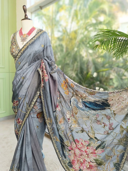 Chandani Baag Grey Floral Saree with Mirror Sequin Embroidery