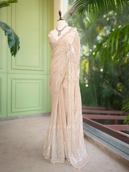 Rimsun Beige Sequin & Bead Embellished Saree