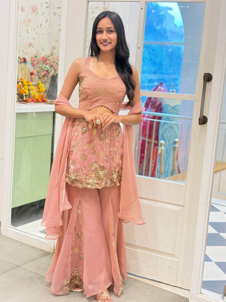 Tarunika Blush Pink Chiffon Silk Blend Indo-Western Palazzo Peplum Set