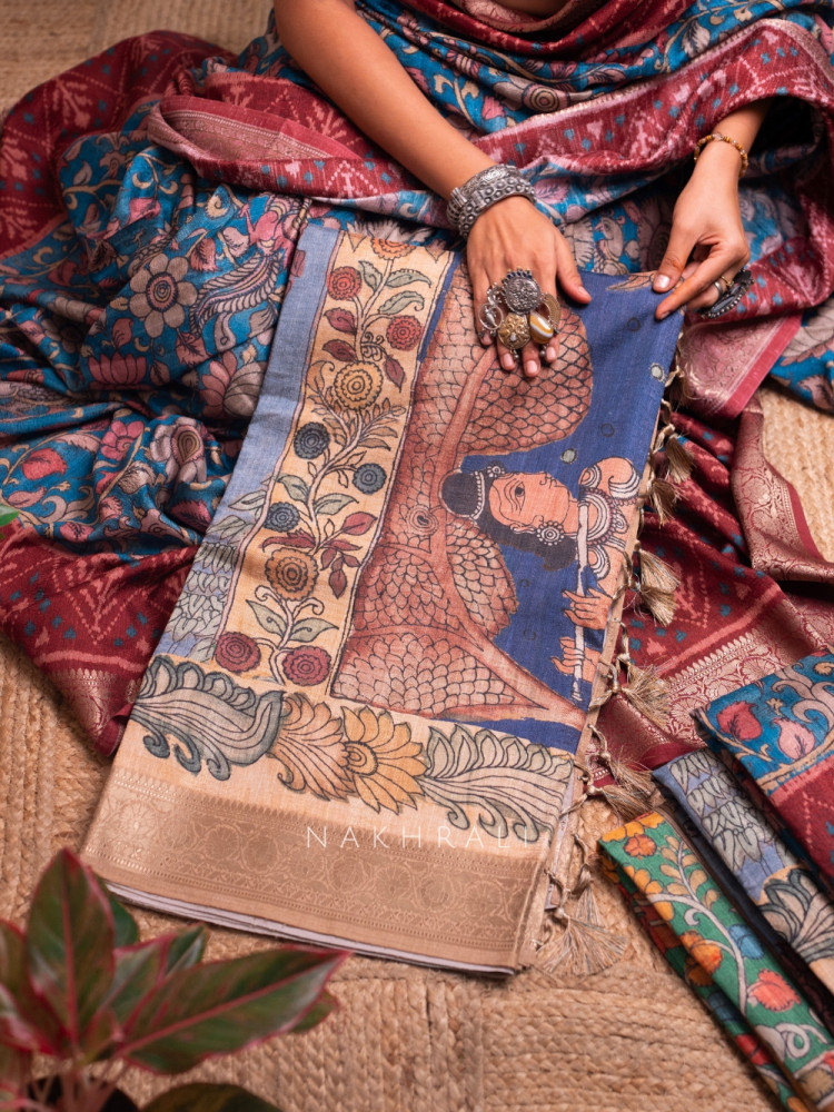 Image of Pushp Blue  Kalamkari Saree with Traditional  Art Prints