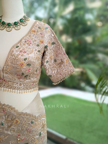Mrigpushp Ivory Tissue Satin Designer Saree with Readymade Blouse