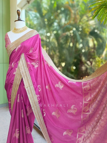 Tavira Raspberry Saree with Broad Border and Unstitched Blouse Piece
