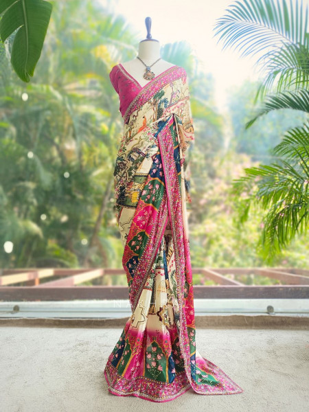 Rihon Magenta Printed Saree with Floral Scenic Design